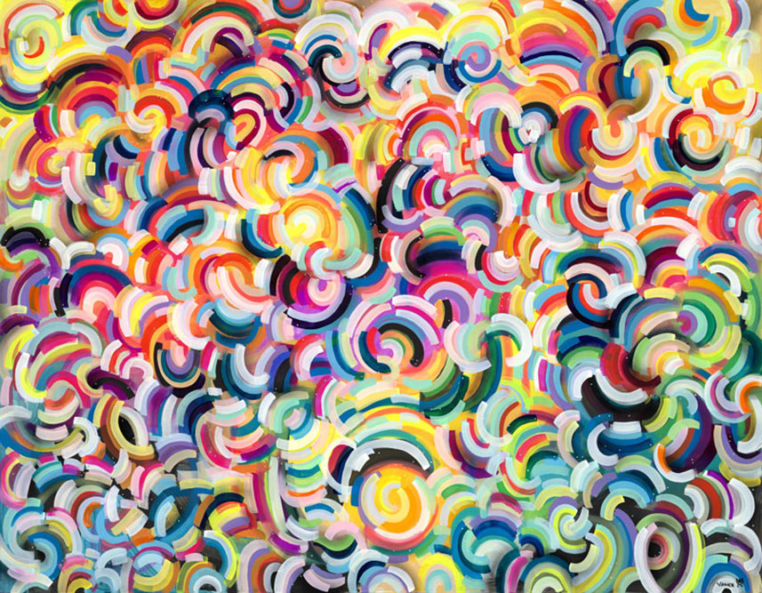 Colorful abstract painting filled with layered rainbow spirals and curved brushstrokes across the canvas.
